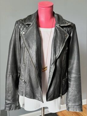 All Saints W’s Cargo Distressed Leather Biker Jacket, Black/Grey, Size 10